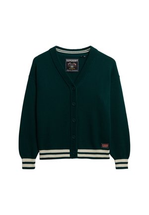 Grüne gestrickte Strickjacke mit V-Ausschnitt, sechs Knöpfen und gestreiften Rippbündchen sowie Saum. Besitzt ein Logo-Patch auf der unteren rechten Seite.