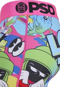 Bright-colored shorts with cartoon characters including Marvin the Martian and others, featuring a pink waistband labeled "PSD."