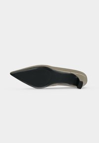 Chaussure à talon haut à bout pointu avec une semelle noire et une tige beige, vue du dessous sur fond blanc.