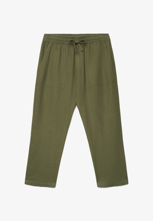 Lässige olivgrüne Hose mit elastischem Bund, Kordelzug, zwei vorderen aufgesetzten Taschen und geradem Bein.