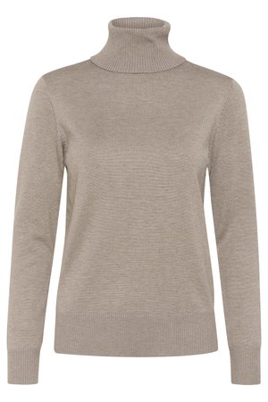Beige Rollkragenpullover mit langen Ärmeln, geripptem Kragen und Bündchen, glatter Stricktextur und geradem Saum. Einfache Gestaltung ohne Muster.
