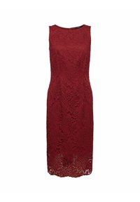 Bordeaux kanten jurk met een getailleerd ontwerp, mouwloos model, intricate bloemenpatronen en een knie-lange zoom.