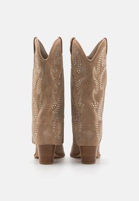 Botas de tobillo de ante beige con puntas puntiagudas, que presentan acentos curvados y brillantes decorativos. Tacones de madera apilados completan el diseño.