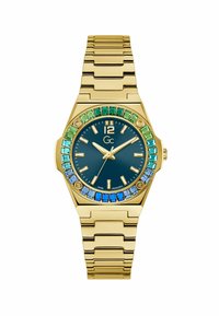 Guldtonad klocka med rektangulärt boett, blå urtavla och kristallram i gröna och blå nyanser. Armbandslänk i metall med polerad yta.