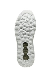 White sneaker outsole with textured circular patterns and ventilation holes, featuring a dark circular insert near the center and GEox branding.