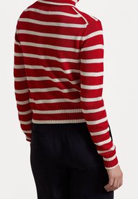 Personne portant un pull à manches longues rayé rouge et blanc avec un col montant, associé à un pantalon noir, vue de dos.