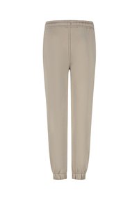 Beige joggingbroek met een elastische tailleband en boorden, een gladde textuur, taps toelopende benen en zonder zichtbare zakken of extra details.