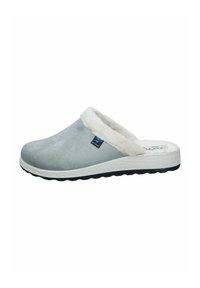 Gray suede slipper with white faux fur lining, low back, textured white outsole, and small logo tag on the side.