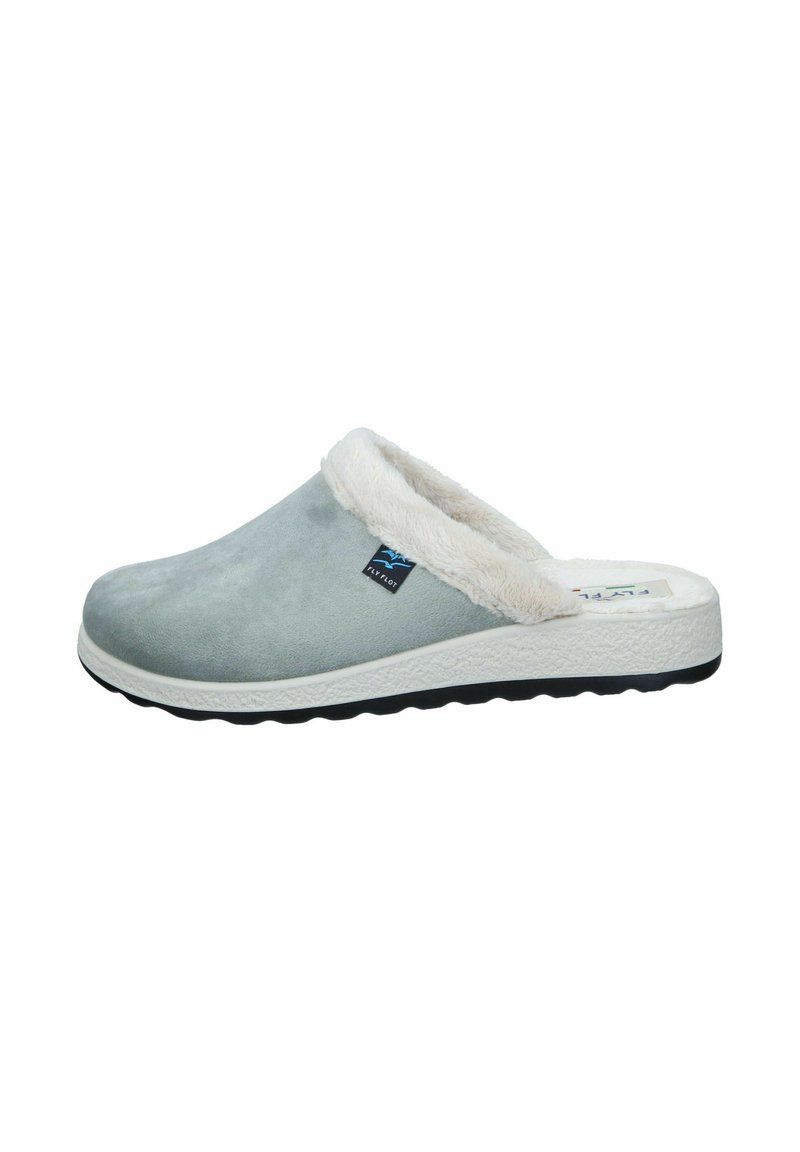 Gray suede slipper with white faux fur lining, low back, textured white outsole, and small logo tag on the side.