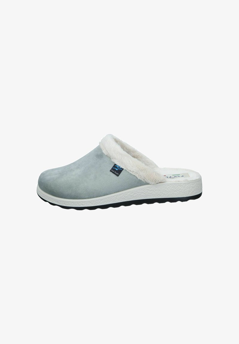 Gray suede slipper with white faux fur lining, low back, textured white outsole, and small logo tag on the side.