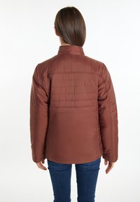 Jachetă călduroasă, de culoare maro, izolată, cu un guler înalt, detalii cusute pe spate și o croială lejeră. Pur și simplu cu blugi din denim.
