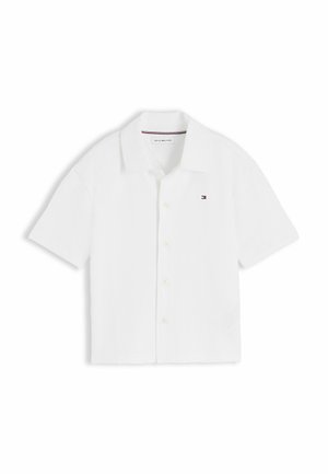 Weißes kurzärmeliges Hemd mit Knöpfen, Kragen und kleinem Tommy Hilfiger Logo auf der linken Brust.