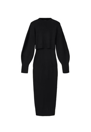 Melna tamborēta kleita ar piegulošu siluetu, īsiem gariem piedurknēm un augstu apkakli, ar vienmērīgu tekstūru un potīšu garuma dizainu.