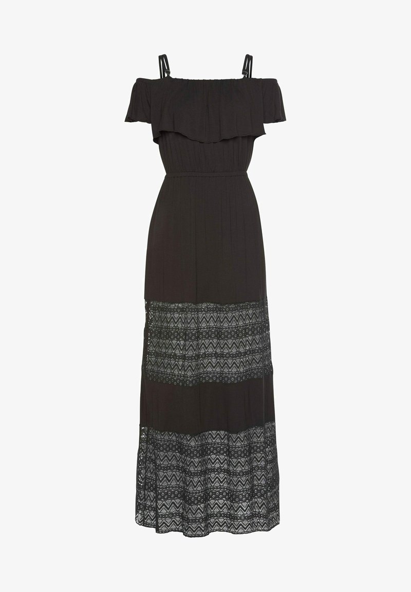 Robe longue noire épaules dénudées avec fines bretelles, encolure froncée, couture à la taille et deux panneaux horizontaux en dentelle avec motifs géométriques.