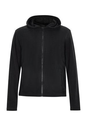 Melns kapuces džemperis ar pilnu rāvējslēdzēju, garām piedurknēm, mīkstu tekstūru un plašu kapuci, ar sānu kabatām un vienkāršu dizainu.