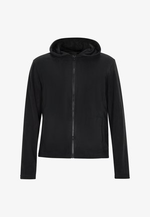 Melns kapuces džemperis ar pilnu rāvējslēdzēju, garām piedurknēm, mīkstu tekstūru un plašu kapuci, ar sānu kabatām un vienkāršu dizainu.