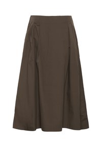 Pruun, põlveliigini ulatuv seelik, mis on valmistatud siledast kangast, plekkide ja vabalt langeva lõikega. Vöökoht on lame, ilma nähtavate kinnitusvahenditeta.