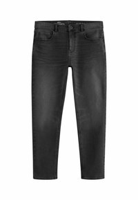 Schwarze Slim-Fit-Jeans aus Denim mit fünf Taschen, dezentem Verblassen und klassischem Design. Die Stofftextur ist weich und leicht dehnbar.