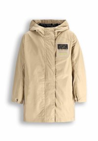 Beżowa kurtka wierzchnia z kapturem, z przodem z naszywk�ą z tekstem, z zapięciem na zamek oraz teksturowanym materiałem. Długie rękawy i luźny krój.