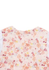 Blütenkleid mit einem pastellrosa Grundton, darauf Muster von orangefarbenen, lila und gelben Blumen; enthält einen Reißverschluss auf der Rückseite und ein plissiertes Design.