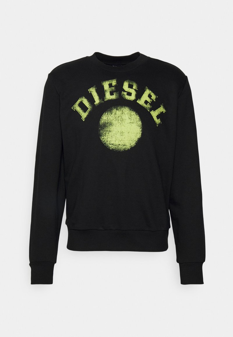 Czarna bluza z okrągłym dekoltem, z prążkowanymi mankietami i dolnym wykończeniem. Ma dużą, postarzającą się neonowo-zieloną grafikę "DIESEL" z okrągłym wzorem.