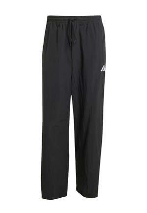 Schwarze Sporthosen aus leichtem Stoff, mit einem elastischen Bund und einer Kordel, sowie einem kleinen weißen Logoakzent an einem Bein.