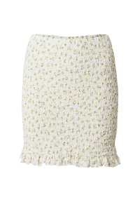 Mini-jupe blanche à motif floral avec des accents jaunes et bleus, tissu texturé, et un ourlet volanté. Taille smockée pour plus d'élasticit é.