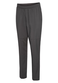 Dunkelgraue, leichte Hosen mit einem elastischen Bund, schmal zulaufenden Beinen und einem schlichten Design. Der Stoff wirkt glatt und hat keine sichtbaren Muster.