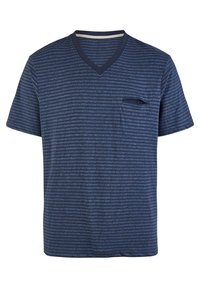 Navy V-neck T-shirt made of soft fabric with horizontal striped pattern in varying shades of blue. Features a small chest pocket.