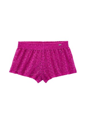 Bright pink women's lace shorts with a wide elastic waistband and intricate floral cutout patterns, shown flat on a white background.