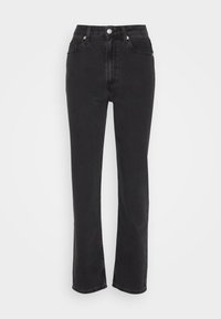 Jeans negros de cintura alta hechos de denim, con pernera recta, cierre de botón y cremallera, dos bolsillos frontales y sutiles detalles de costura.
