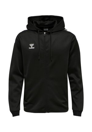 Schwarze Zip-Hoodie aus glattem Material mit Kordelzügen, seitlichen Taschen und dem Hummel-Logo in Weiß auf der linken Brust.