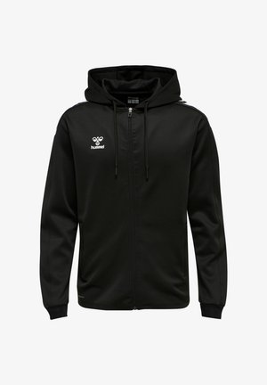 Schwarze Zip-Hoodie aus glattem Material mit Kordelzügen, seitlichen Taschen und dem Hummel-Logo in Weiß auf der linken Brust.