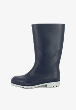 Marine lucht doorlatende rubberen laars met ribbelstructuur, textuur op de zool en een witte accent langs de zool. Heeft een ronde neus en schacht.