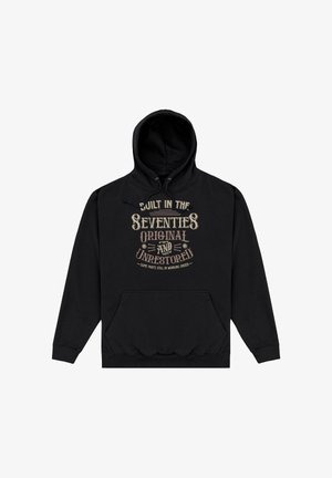 Czarna bluza z kapturem z przednią kieszenią i napisem w stylu vintage: „Built in the Seventies Original and Unrestored - Some parts still in working order.”
