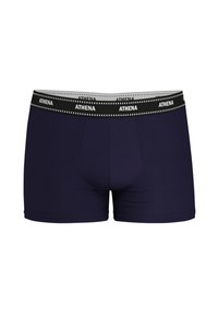 Boxer shorts en coton bleu marine avec une ceinture noire portant le mot "ATHENA" en blanc. Texture lisse et design ajusté.