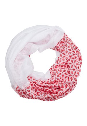 Biało-czerwony szalik typu infinity z drobnymi czerwonymi kwiatowymi wzorami na czerwonej części, ułożony w kołowy kształt na białym tle.