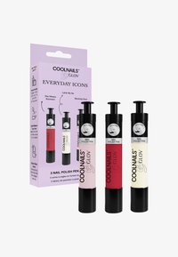 Nagellak pen set met roze, rood en crèmekleuren. Heeft een zwarte dop en een witte knijptop. Wordt geleverd in een paarse kartonnen verpakking.