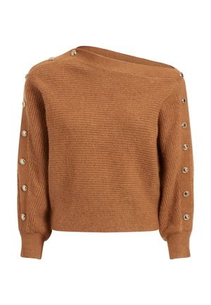 Brązowy sweter dziany z asymetrycznym dekoltem oraz złotymi guzikami biegnącymi wzdłuż obu rękawów od ramienia do mankietu.