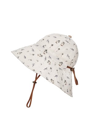 Lysebeige bøttehat med palme- og dyreprint, der har justerbar brun hagesnor og bred skygge til beskyttelse mod solen.