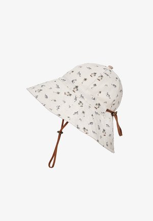 Light beige bucket hat with palm tree and animal print, featuring adjustable brown chin strap and wide brim for sun protection.