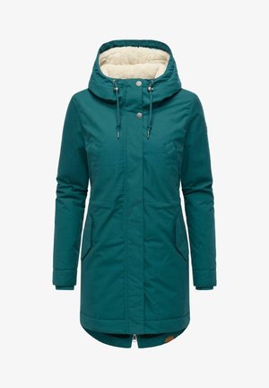 Teal vandtæt parka med hætte i pels, to forlommer og lynlåslukning, der har elastiske manchetter og en længere bagkant.