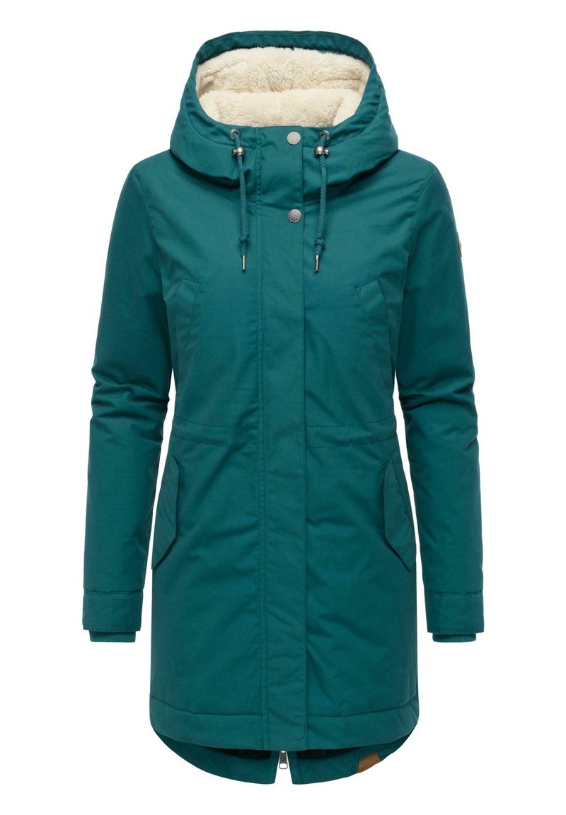 Teal waterproof parka with a fur-lined hood, two front pockets, and a zippered closure, featuring elastic cuffs and a longer back hem.