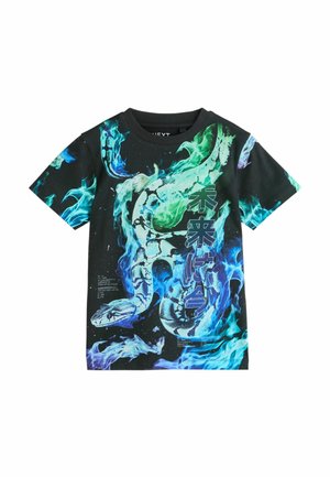 Schwarzes T-Shirt mit kurzen Ärmeln, blauen und grünen Flammen, einer großen schwarz-weißen Schlangengrafik und vertikalem japanischem Text auf der Vorderseite.