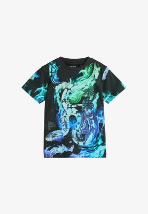 Schwarzes T-Shirt mit kurzen Ärmeln, blauen und grünen Flammen, einer großen schwarz-weißen Schlangengrafik und vertikalem japanischem Text auf der Vorderseite.