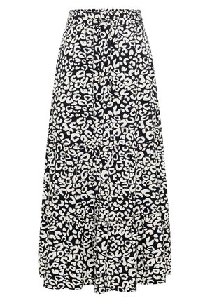 Czarna i biała spódnica midi z warstwami w panterkę, z elastycznym pasem i związanym paskiem.
