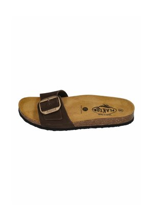 Brown single-strap slide sandal with adjustable metal buckle, cork footbed, black sole, and "Plakton" logo printed on tan insole.
