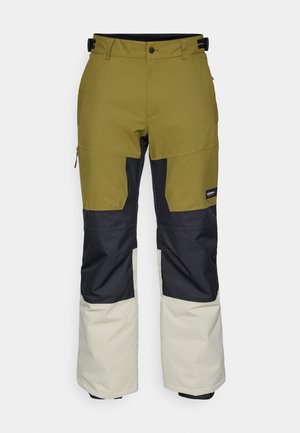 Skihose mit einem grünen oberen Abschnitt, schwarzem Mittelteil und einem hellgrauen unteren Abschnitt. Verfügt über einen verstellbaren Bund und Seitentaschen.