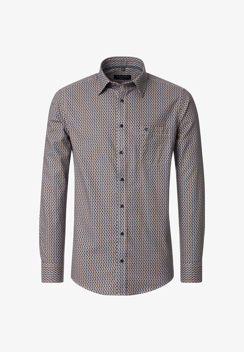 Long-sleeve button-up shirt in beige with a geometric pattern in dark blue and red. Features a chest pocket and a classic collar.