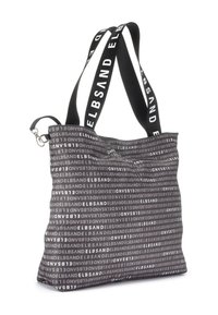 Black and gray tote bag with a patterned design featuring the word "ELBSAND." Soft material, dual black straps with logo detailing, and a side clip.
